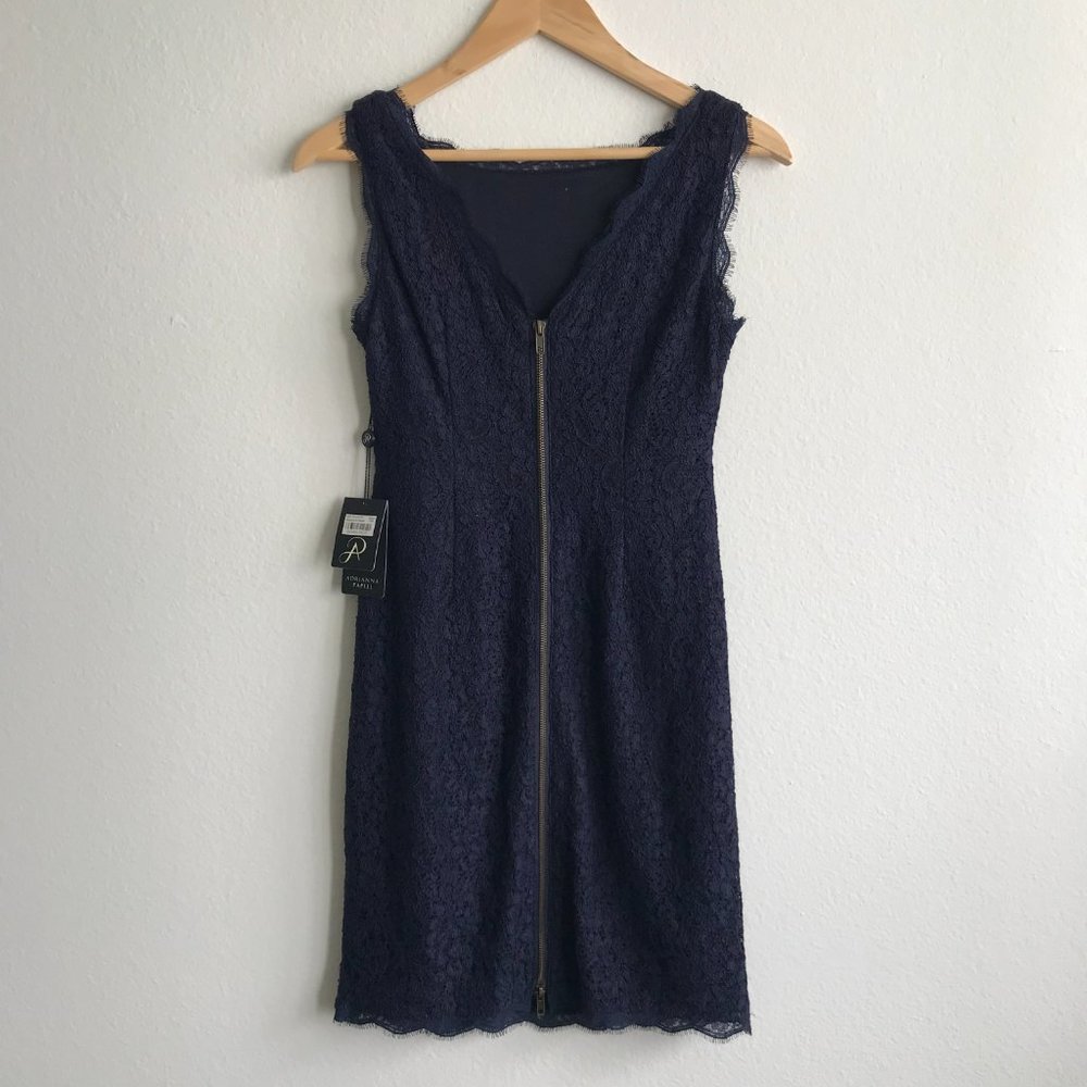 NWT Adrianna Papell Navy Sleeveless Scalloped Lace Sheath Dress Size 4 - Picture 8 of 12